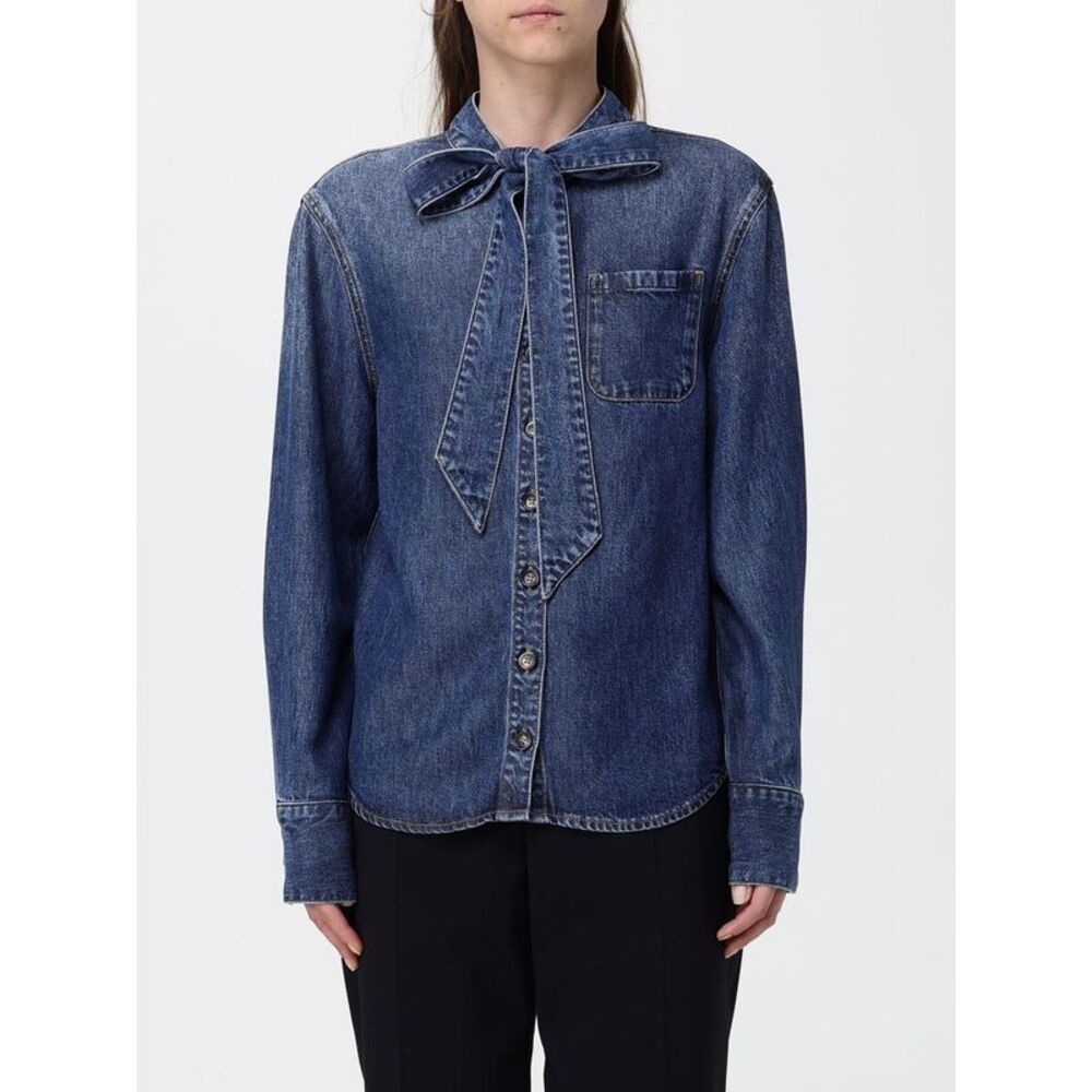 Self-Portrait Women Pussy-Bow Denim Shirt Self-Portrait With Patch Pockets